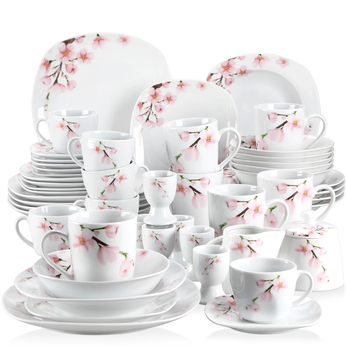 VEWEET ANNIE 50/100-Piece Porcelain Dinner Set with Egg Cup,Cup&Saucer,Mug,Dessert&Soup&Dinner Plate,Bowl,Milk Jug,Sugar Pot Set
