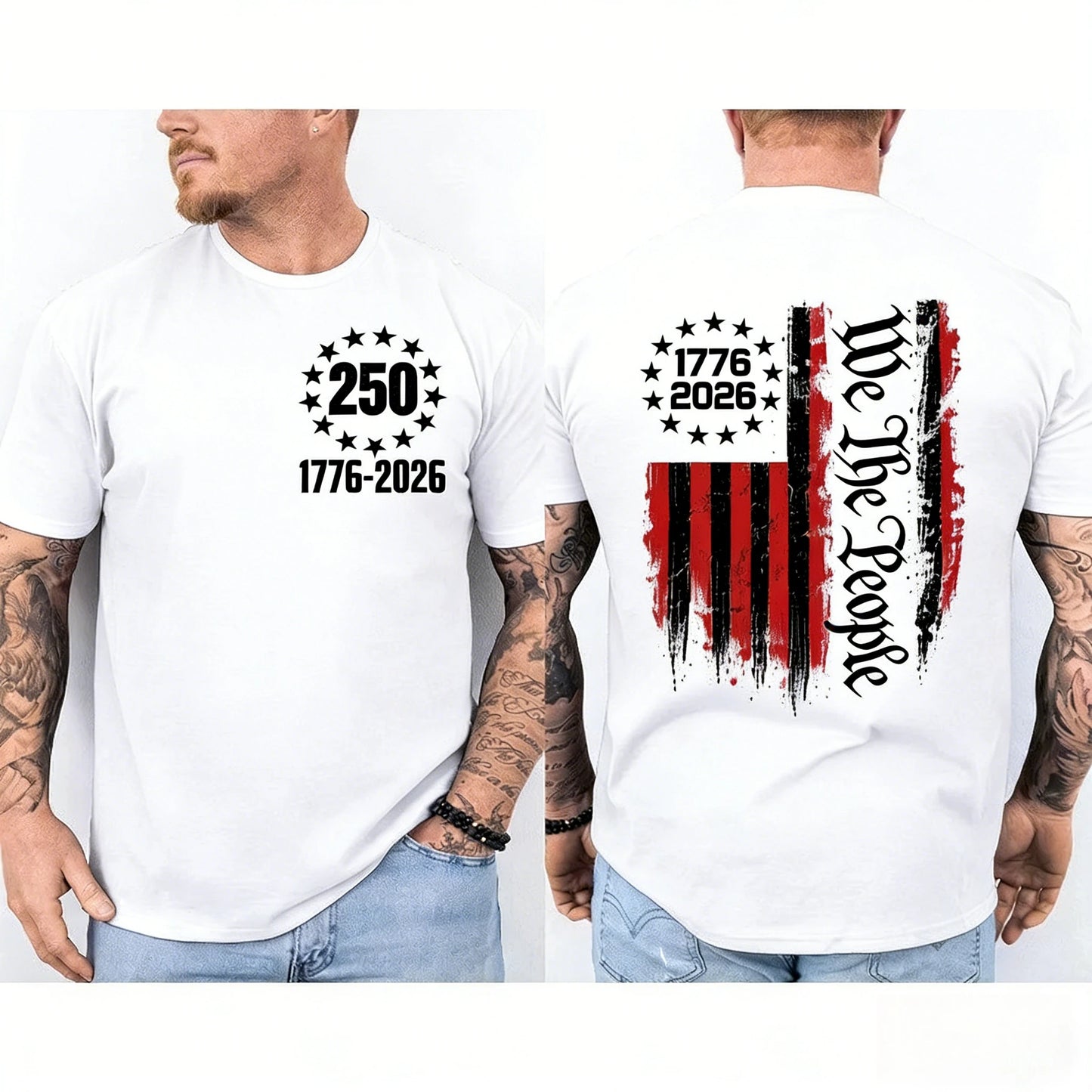 250 Years American Flag 250th Anniversary USA Patriotic Front Back and White T-Shirt Men Clothing Oversized Fashion Streetwear