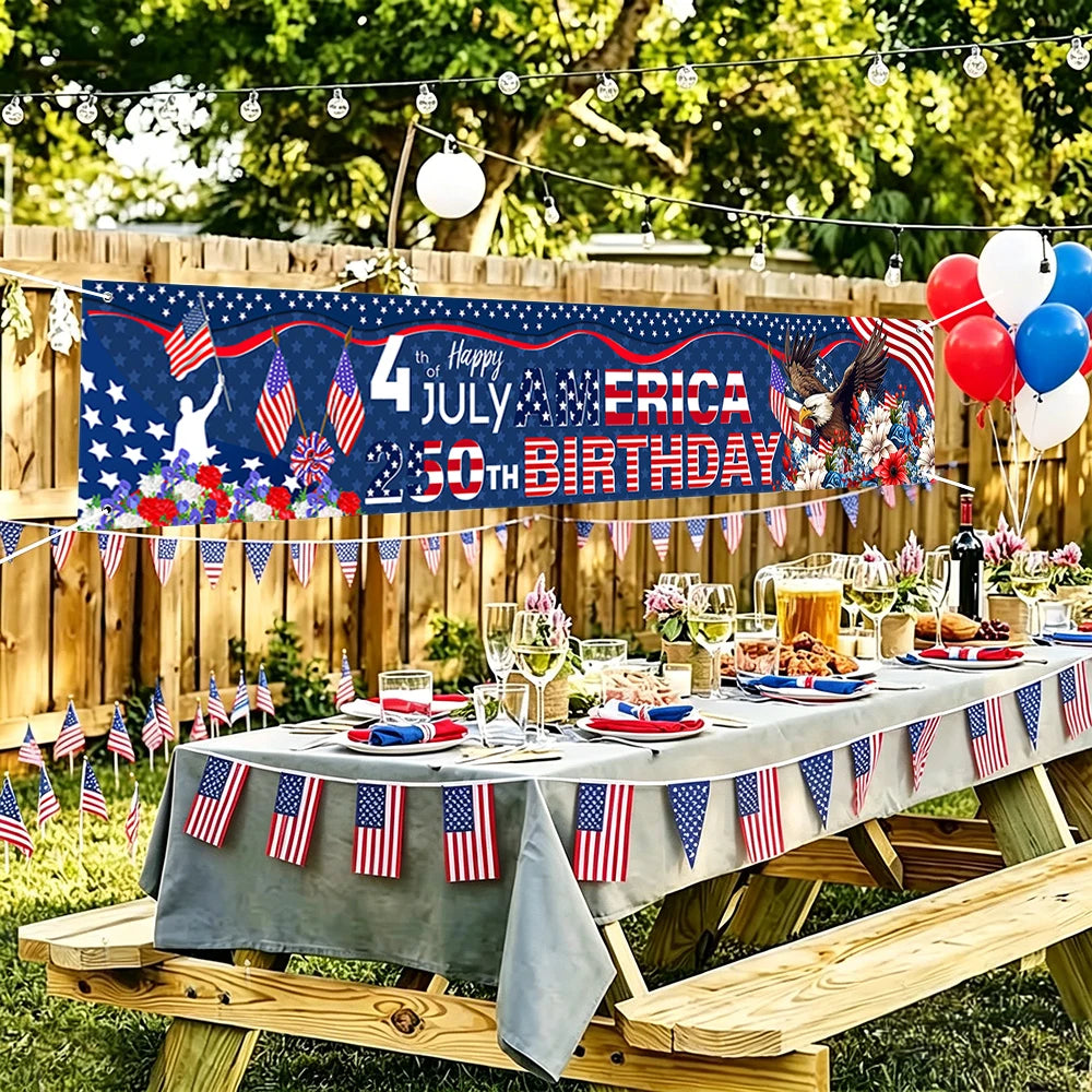 4th of July America 250th Birthday Banner American Flag Eagle Floral Print Polyester Backdrop for Independence Day Party Decor