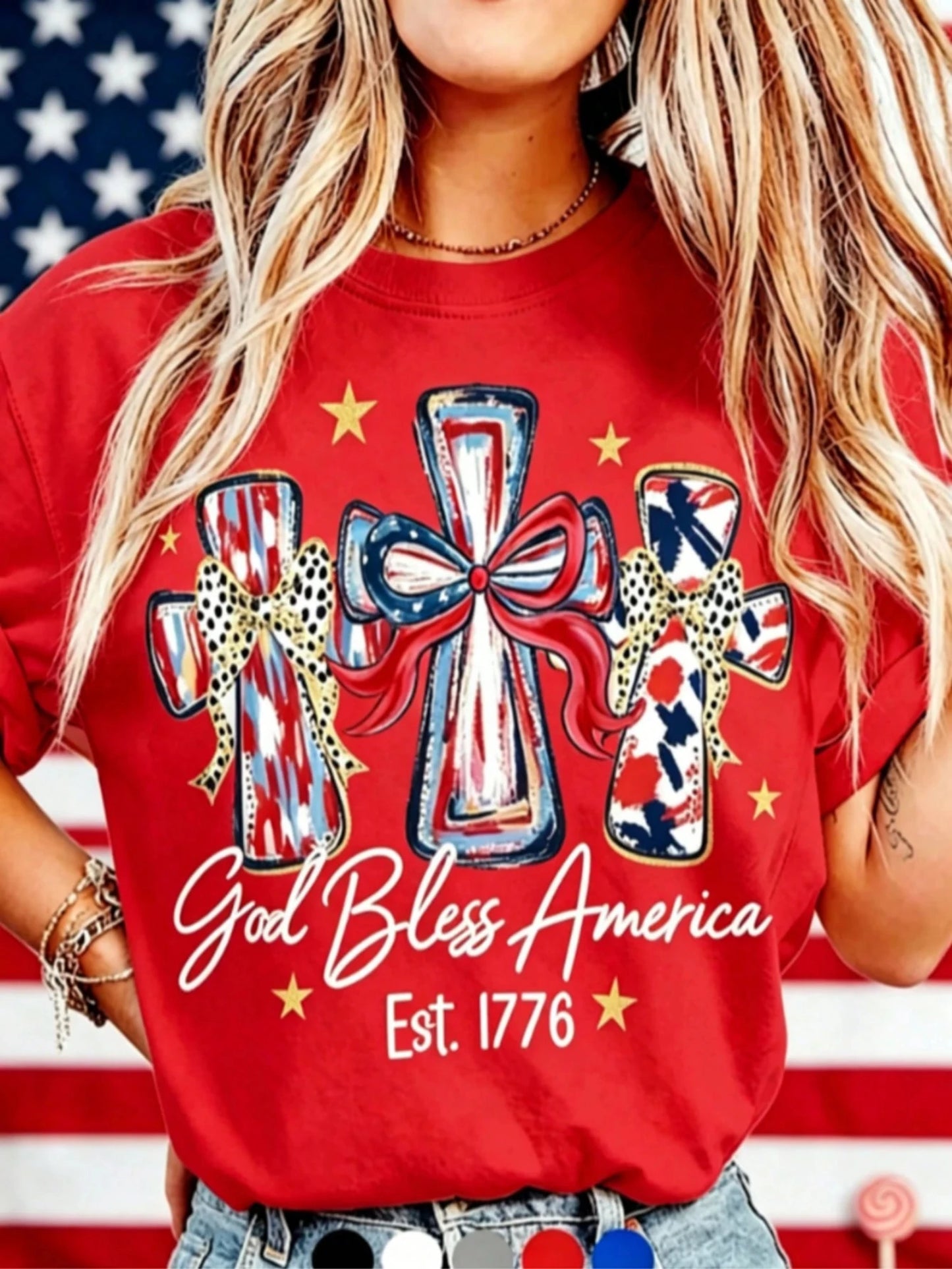American 250th Anniversary Celebration Apparel Graphic Women's T-Shirt, God Bless America Independence Day Fashion Summer Tops
