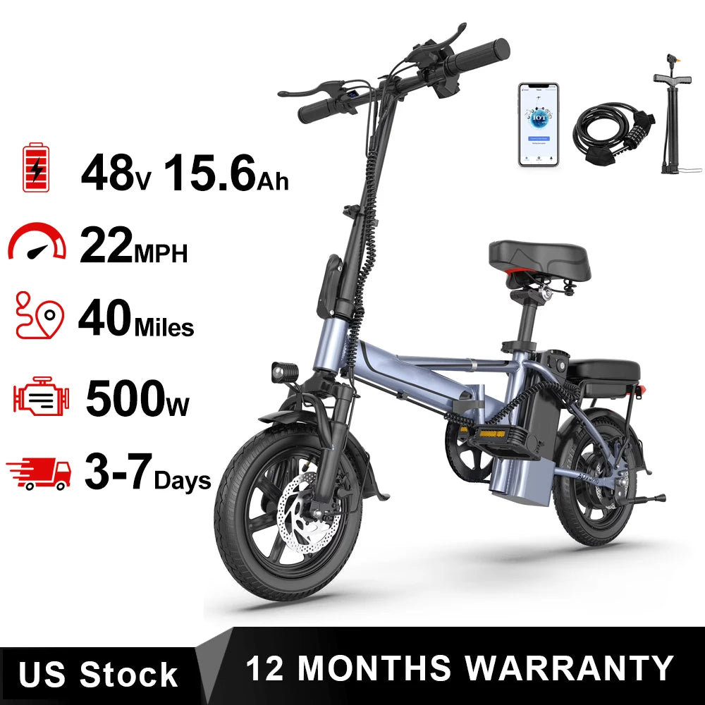14'' Foldable Electric Bike 500W Motor 48V 10.4AH Battery 22MPH Max Speed 28Miles Long Range with Two Seats for Adult
