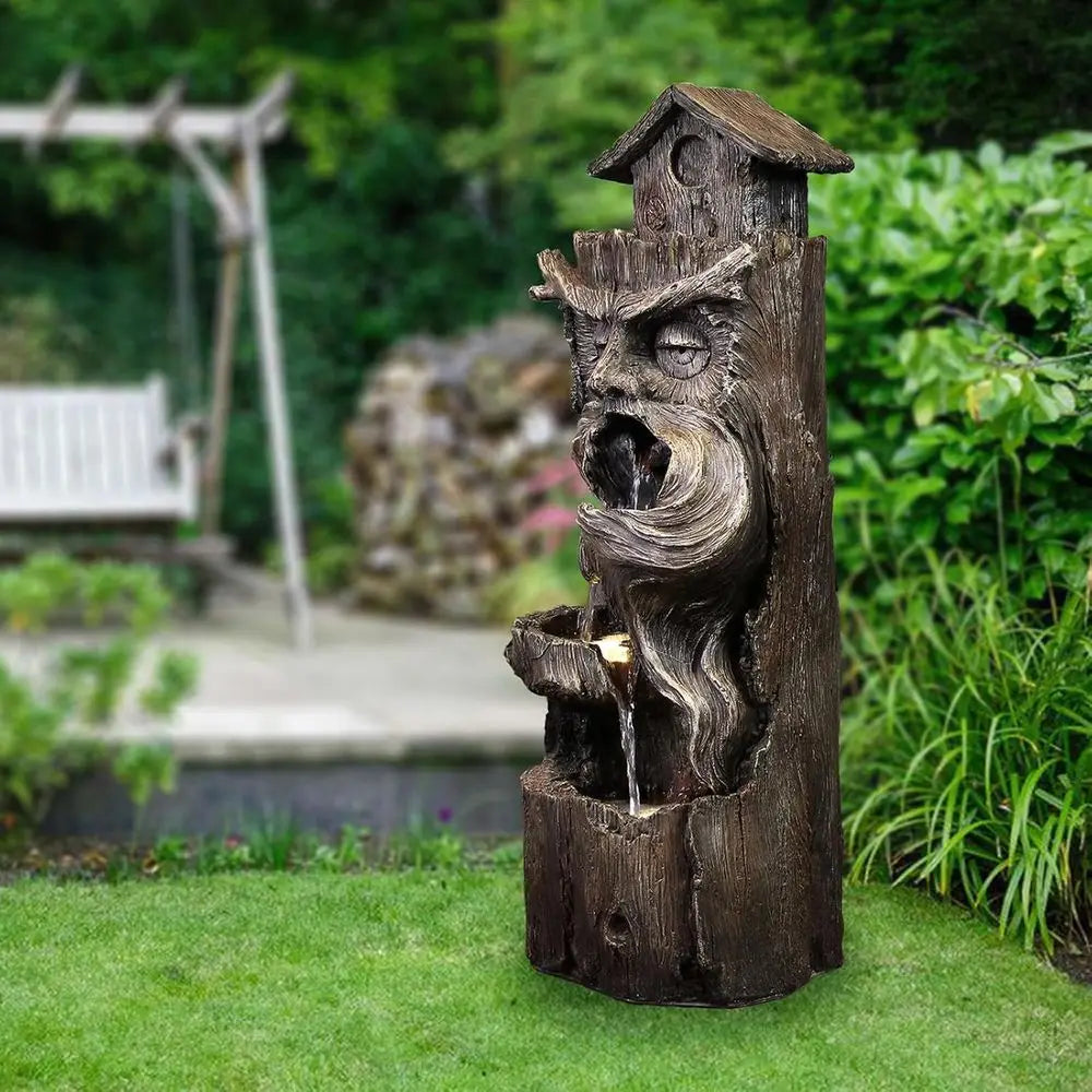 Outdoor Cascading Waterfall Tree Trunk Fountain With LED Lights 3 Tiers