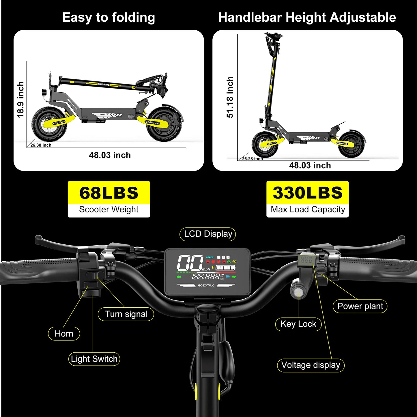 EOEOTWO 1200W Off Road Electric Scooter for Adults 48V Long Range E-Scooter 30MPH Fast Speed 11" Tubeless Tire Foldable Kick Scooter