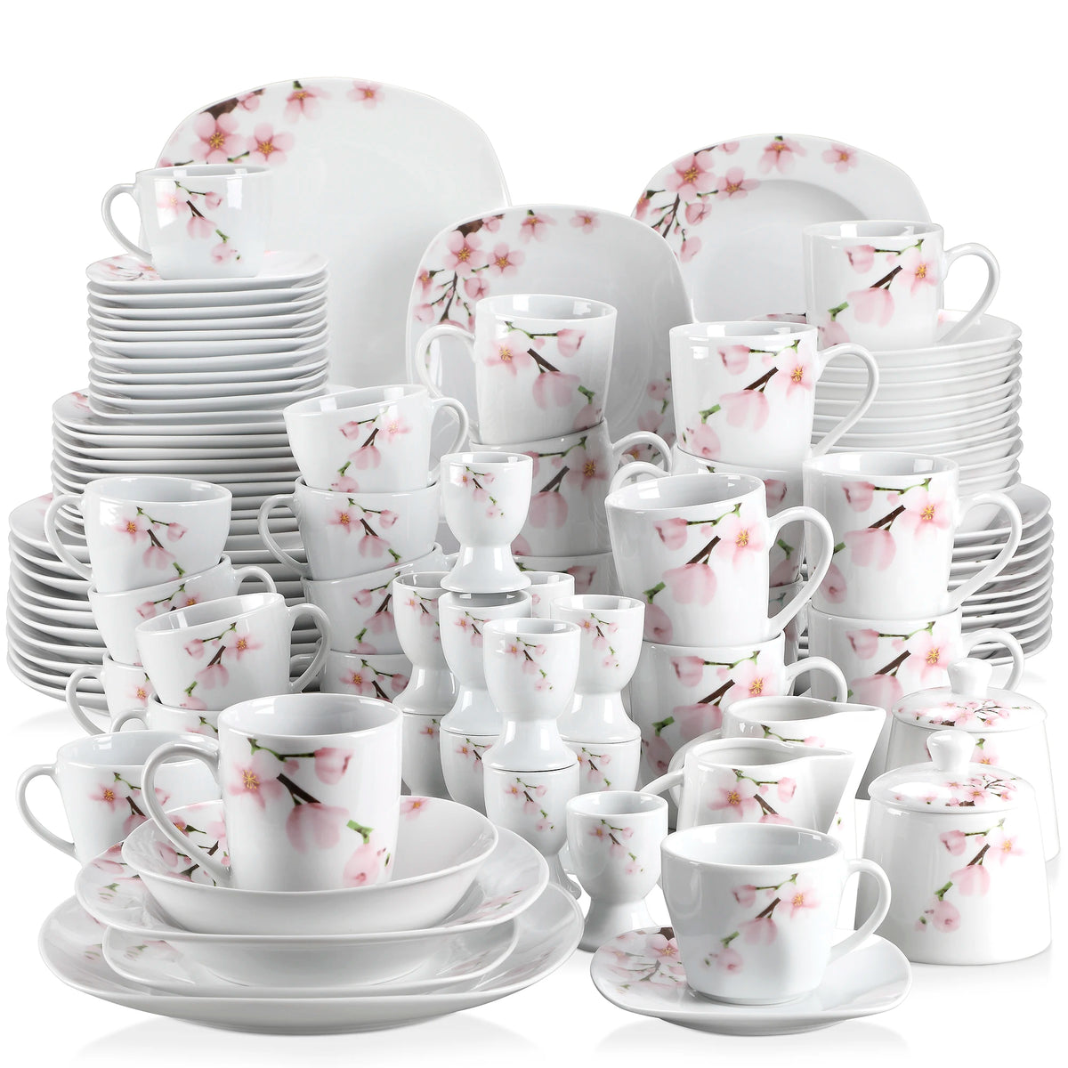 VEWEET ANNIE 50/100-Piece Porcelain Dinner Set with Egg Cup,Cup&Saucer,Mug,Dessert&Soup&Dinner Plate,Bowl,Milk Jug,Sugar Pot Set