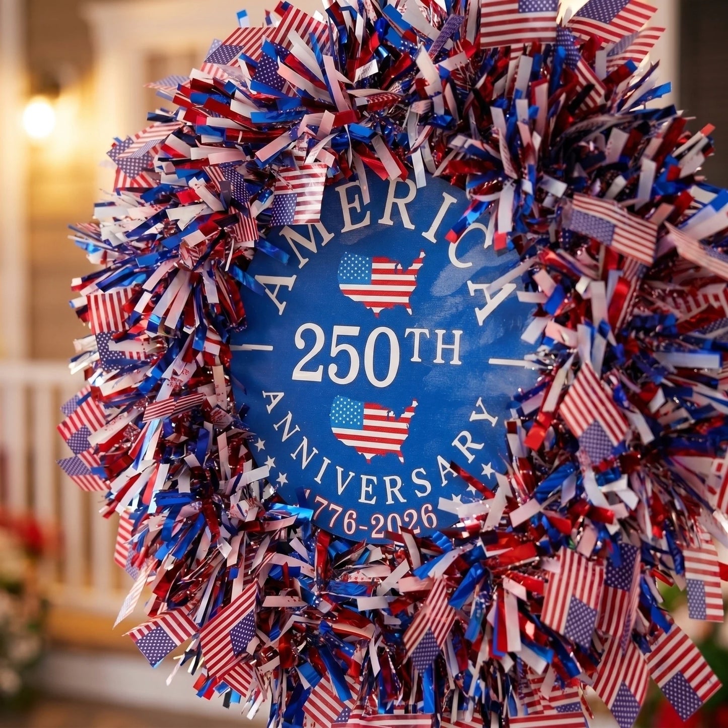 American Independence Day Wreath Patriotic 250th Anniversary Tinsel Door Wreath Red Blue White Flag Star Decorations 4th Of July