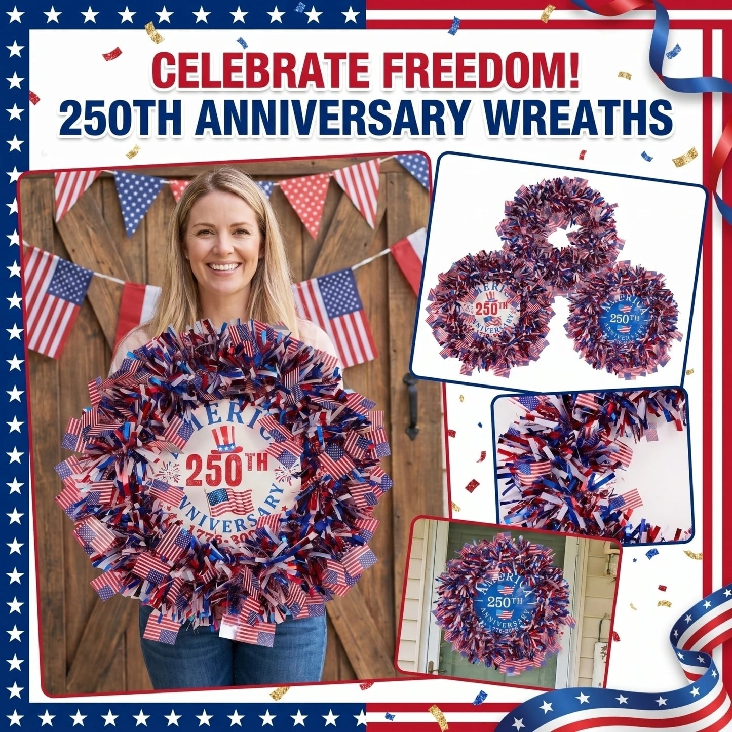 American Independence Day Wreath Patriotic 250th Anniversary Tinsel Door Wreath Red Blue White Flag Star Decorations 4th Of July