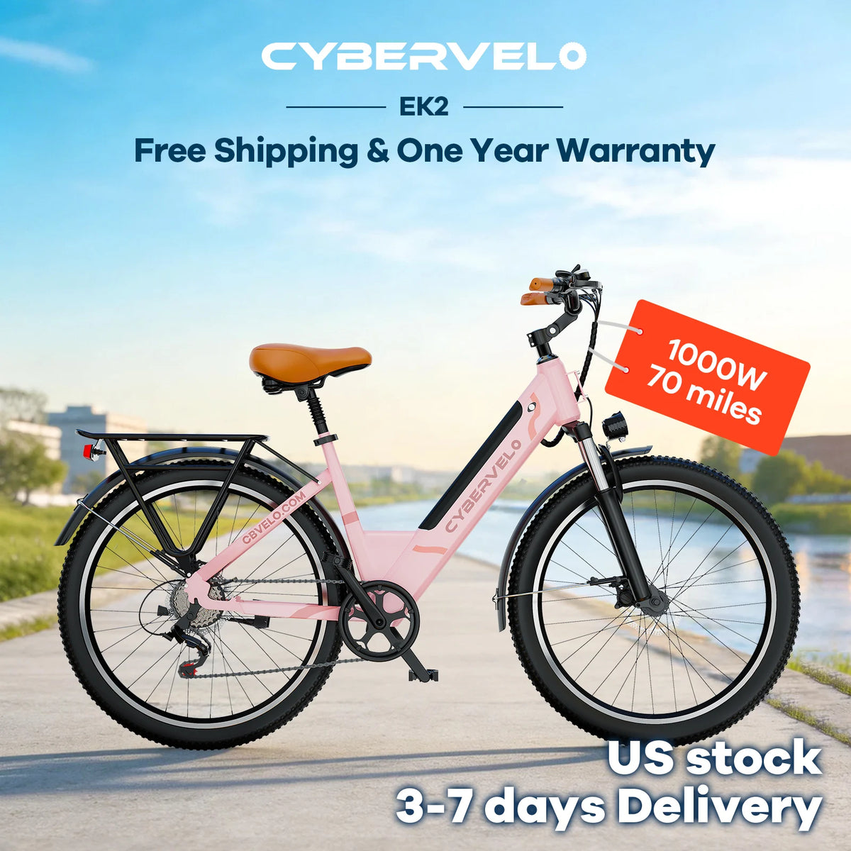 Cybervelo 1000W Peak Electric Bike for Adults 26" 7-Speed Removable Battery Ebike Up to 80 Miles Range Commuter Electric Bicycle for Beach Snow Men Women EK2