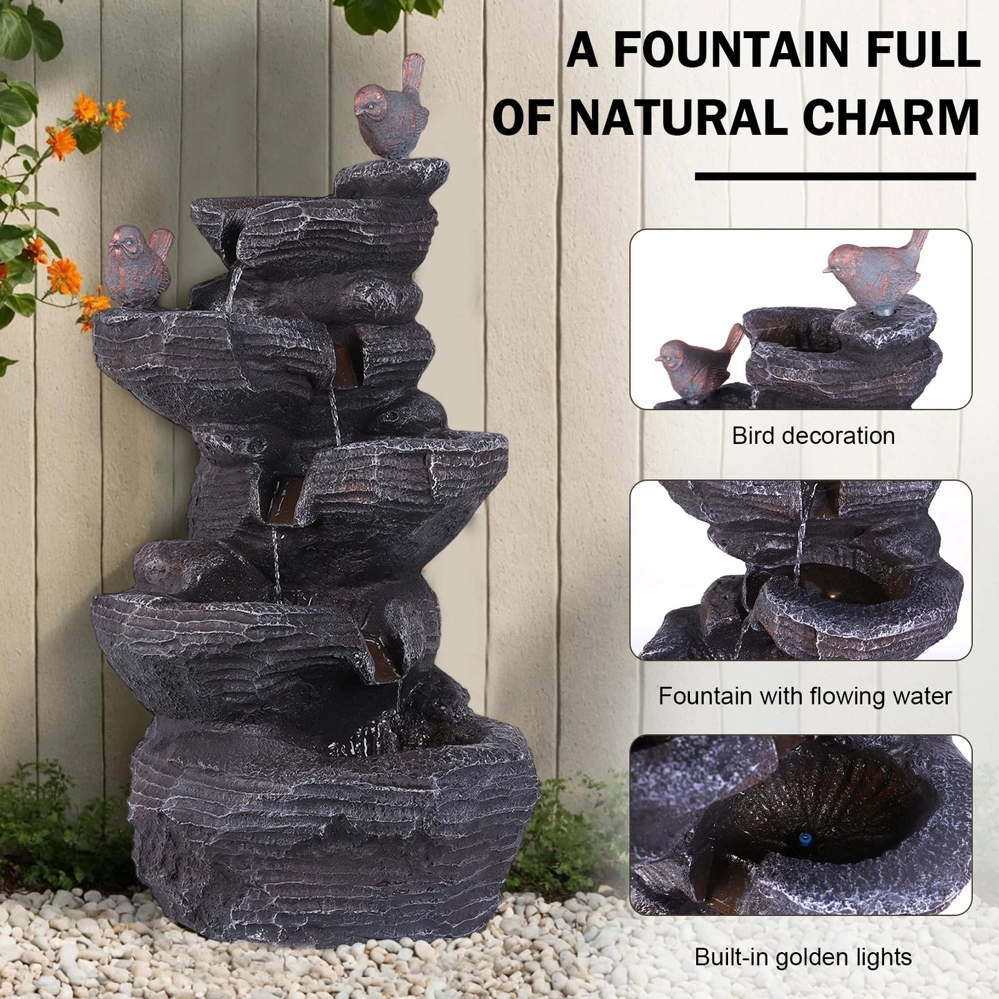 Outdoor Cascading Rock Water Fountain Five Tier Garden Decor