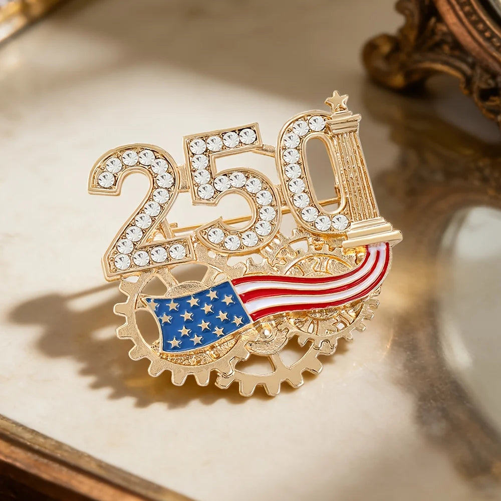 US 250th Anniversary Commemorative Brooch for Men Women,American Patriotic Independence Day Rhinestone-Encrusted Zinc Alloy Pin.
