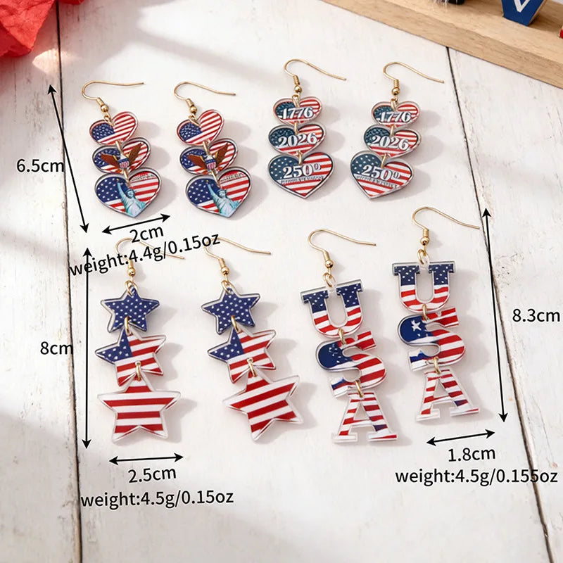 2026 America 250th Independence Day Acrylic Earrings Red Blue White Star Heart USA Dangle Earrings for Women 4th of July Gifts