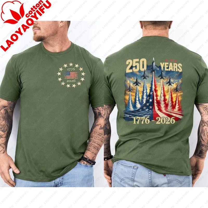 250 Years America Anniversary Clothing Fighter Jets 250th Birthday Front & Back T-Shirt 2025-2026 Shirt Men Casual Cotton Tops