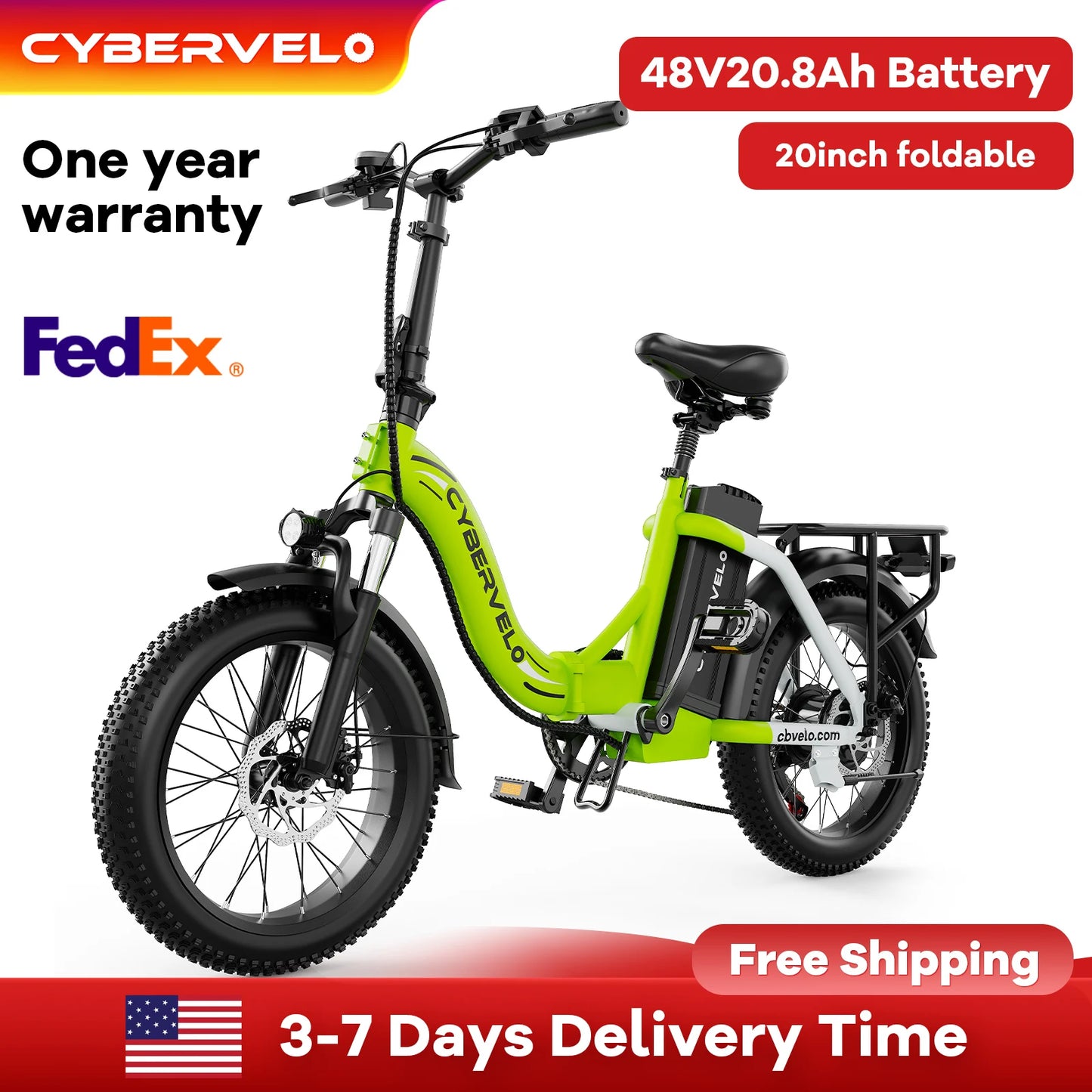 Cybervelo Fat Tire Folding Electric Bike Removable Battery 7 Speed