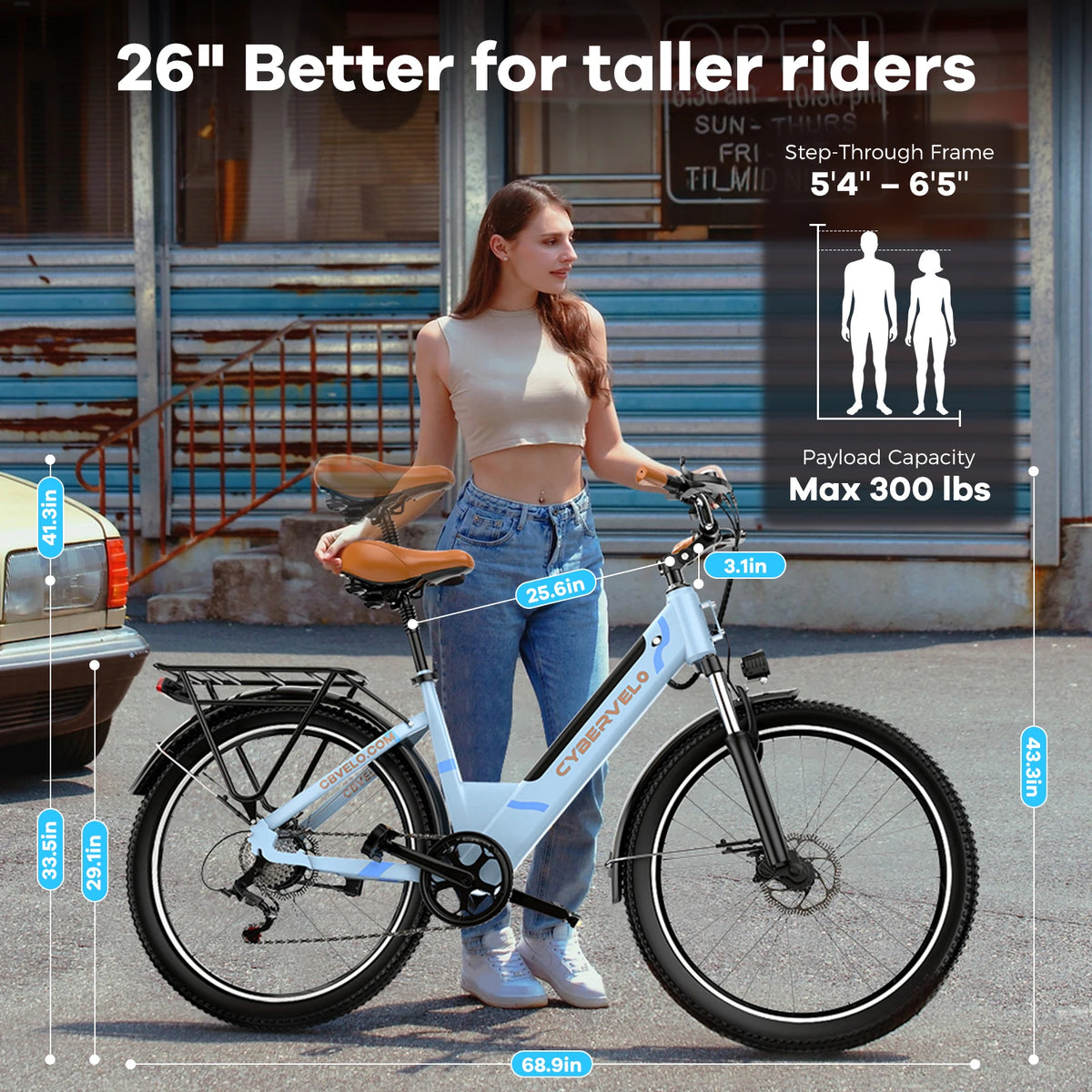 Cybervelo 1000W Peak Electric Bike for Adults 26" 7-Speed Removable Battery Ebike Up to 80 Miles Range Commuter Electric Bicycle for Beach Snow Men Women EK2