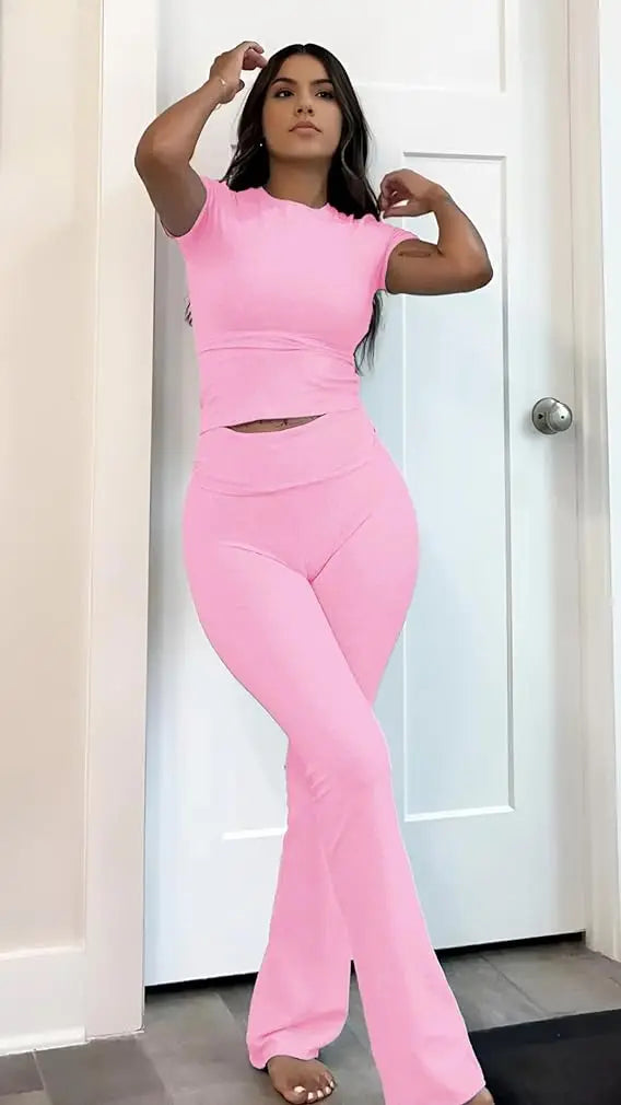 Women's Yoga Set Two-Piece Short Sleeve Top And Pants
