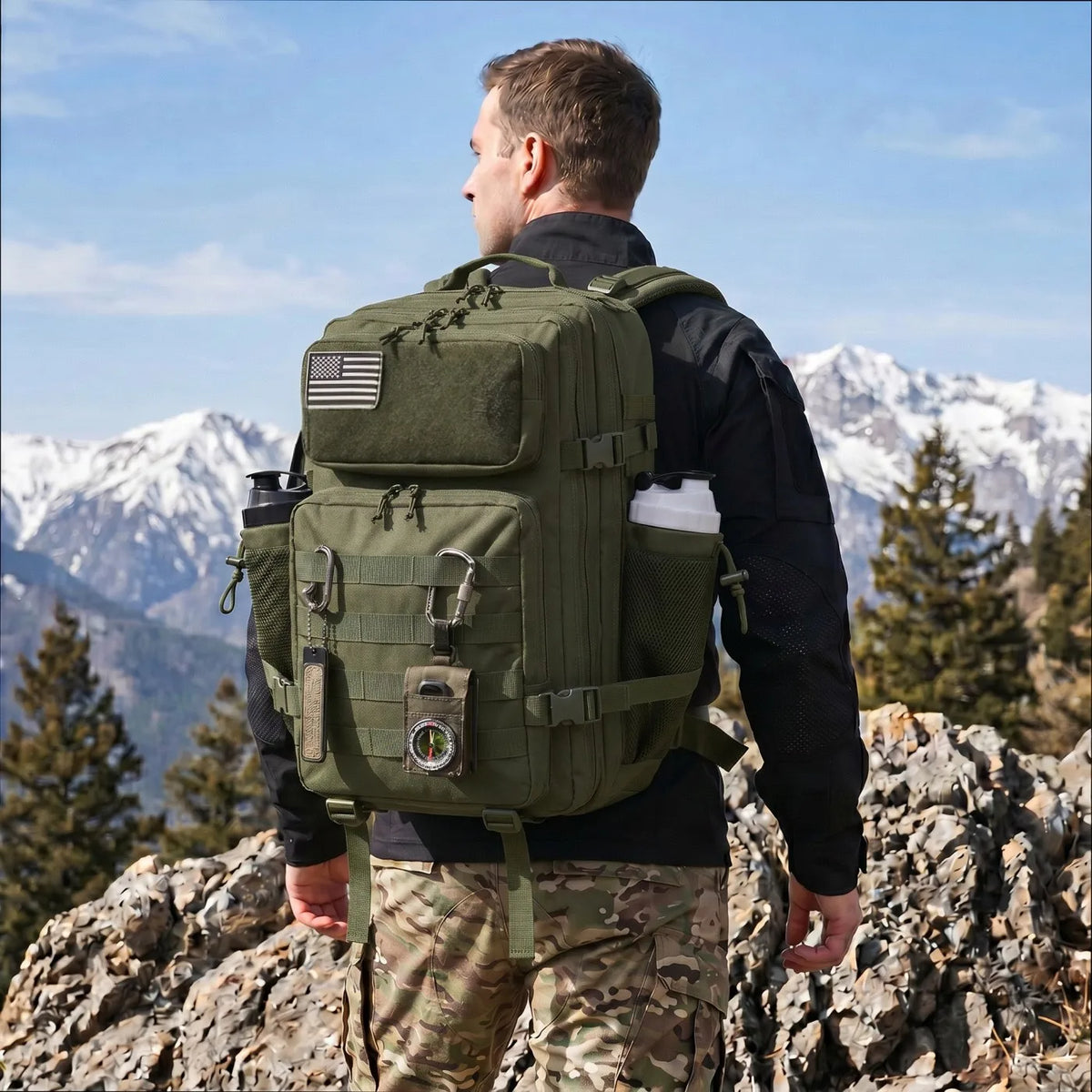 45L Large Capacity Tactical Fishing Backpack Angling Rucksack with Dual Water Bottle Cup Holders Outdoor Camping Fishing Tackle Storage Backpack for Sea Fishing Bank Fishing Hiking Trekking Travel Sports EDC Daily Carry Outdo