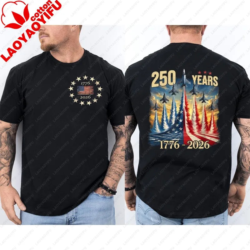250 Years America Anniversary Clothing Fighter Jets 250th Birthday Front & Back T-Shirt 2025-2026 Shirt Men Casual Cotton Tops