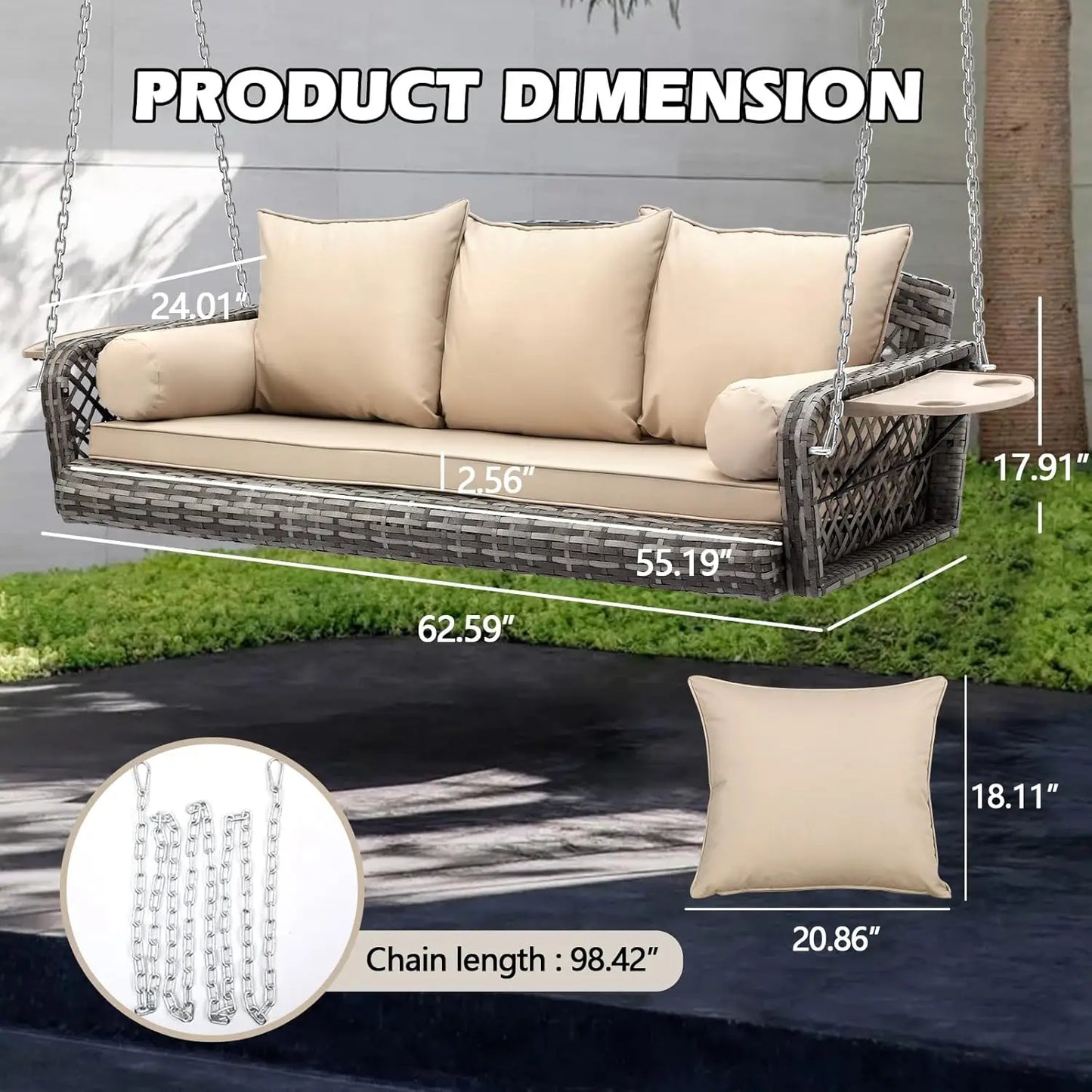 Huanzhuang 3 Seat Outdoor Wicker Porch Swing Cushions Included