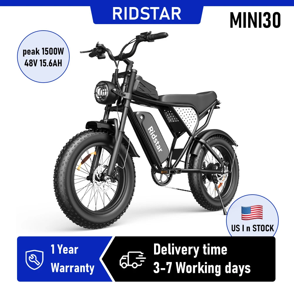 Ridstar MINI30 1500W Electric Bike for Adults Battery 48V 15.6AH E-Bike 31 MPH Electric Bicycle 20x4" Fat Tire Mountain Bike