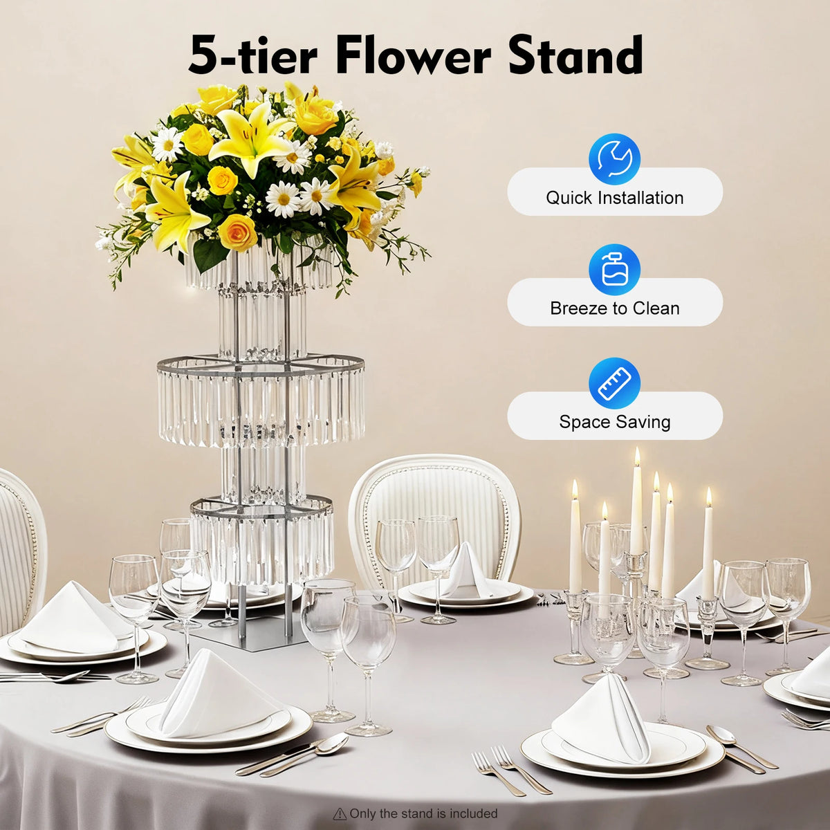 5 Tiers Wedding Centerpieces Flower Stand, 110cm Acrylic Crystal Flower Vase Rack Floor Table Decor Display Holder, Gold/Silver