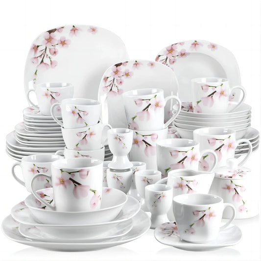 VEWEET ANNIE 50/100-Piece Porcelain Dinner Set with Egg Cup,Cup&Saucer,Mug,Dessert&Soup&Dinner Plate,Bowl,Milk Jug,Sugar Pot Set