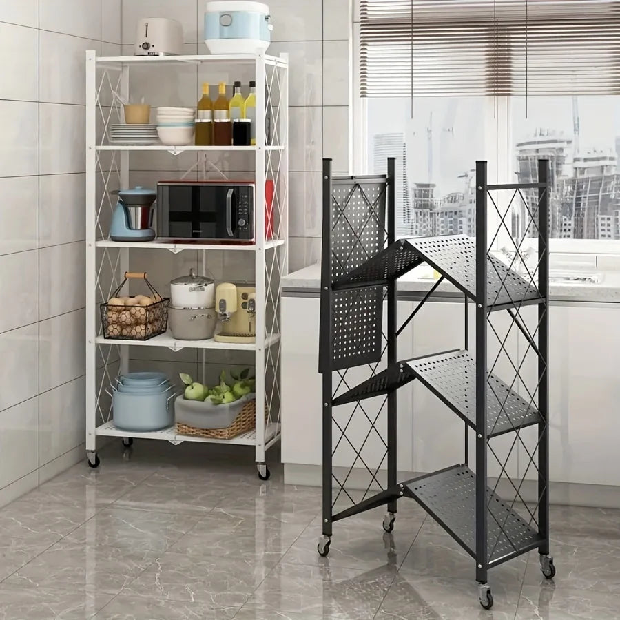 3/4/5-layer Heavy-duty Foldable Metal Storage Rack With Wheels For Movable Organization, Suitable For Garage Kitchens With A Loa