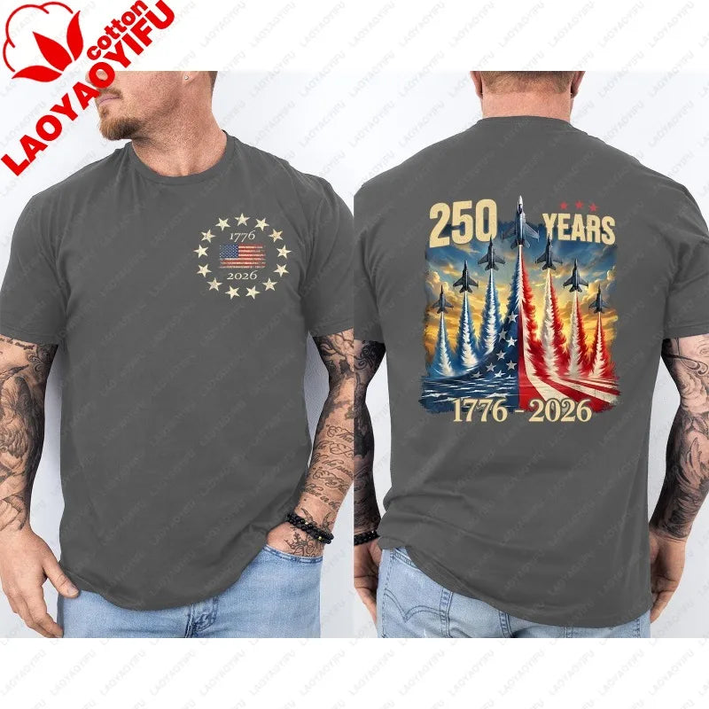 250 Years America Anniversary Clothing Fighter Jets 250th Birthday Front & Back T-Shirt 2025-2026 Shirt Men Casual Cotton Tops