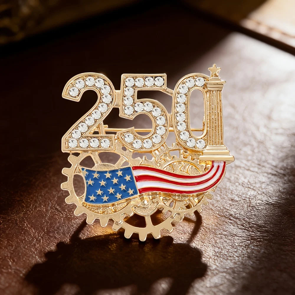 US 250th Anniversary Commemorative Brooch for Men Women,American Patriotic Independence Day Rhinestone-Encrusted Zinc Alloy Pin.