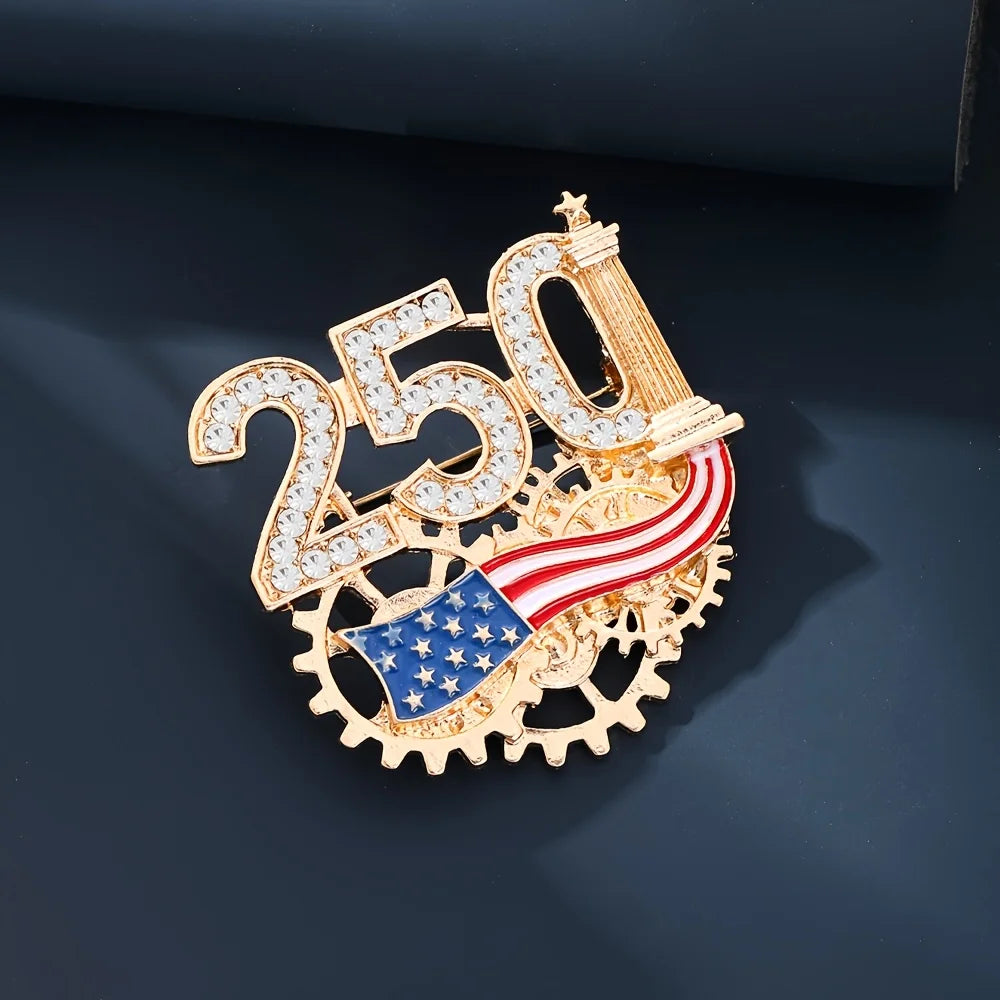 US 250th Anniversary Commemorative Brooch for Men Women,American Patriotic Independence Day Rhinestone-Encrusted Zinc Alloy Pin.