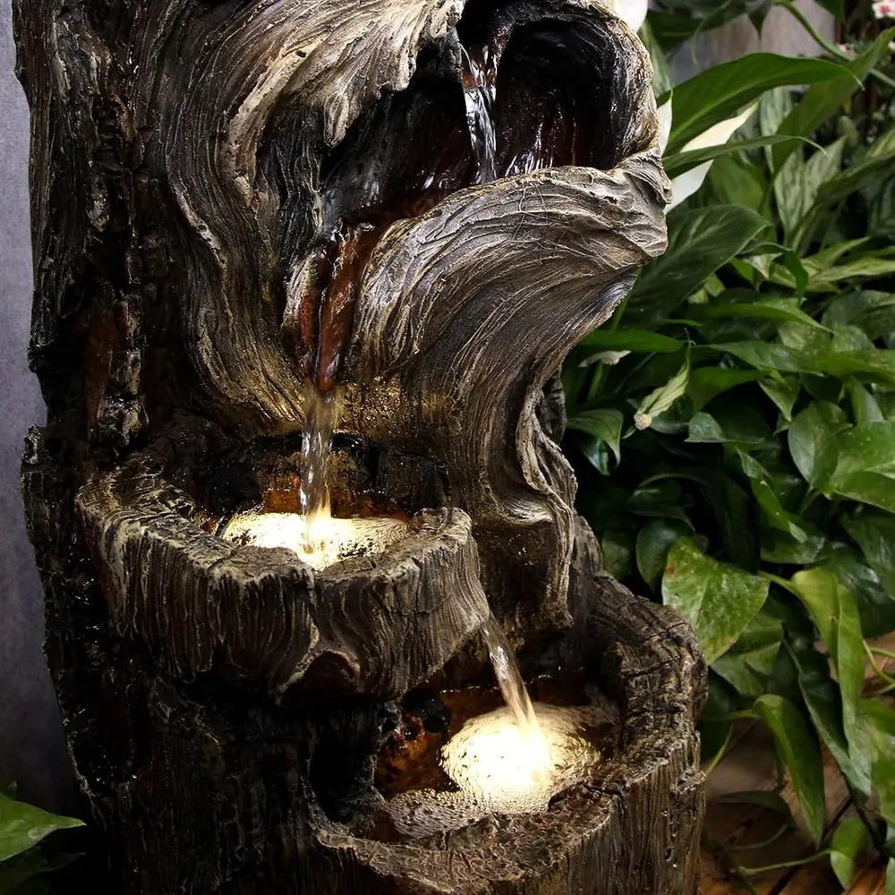 Outdoor Cascading Waterfall Tree Trunk Fountain With LED Lights 3 Tiers