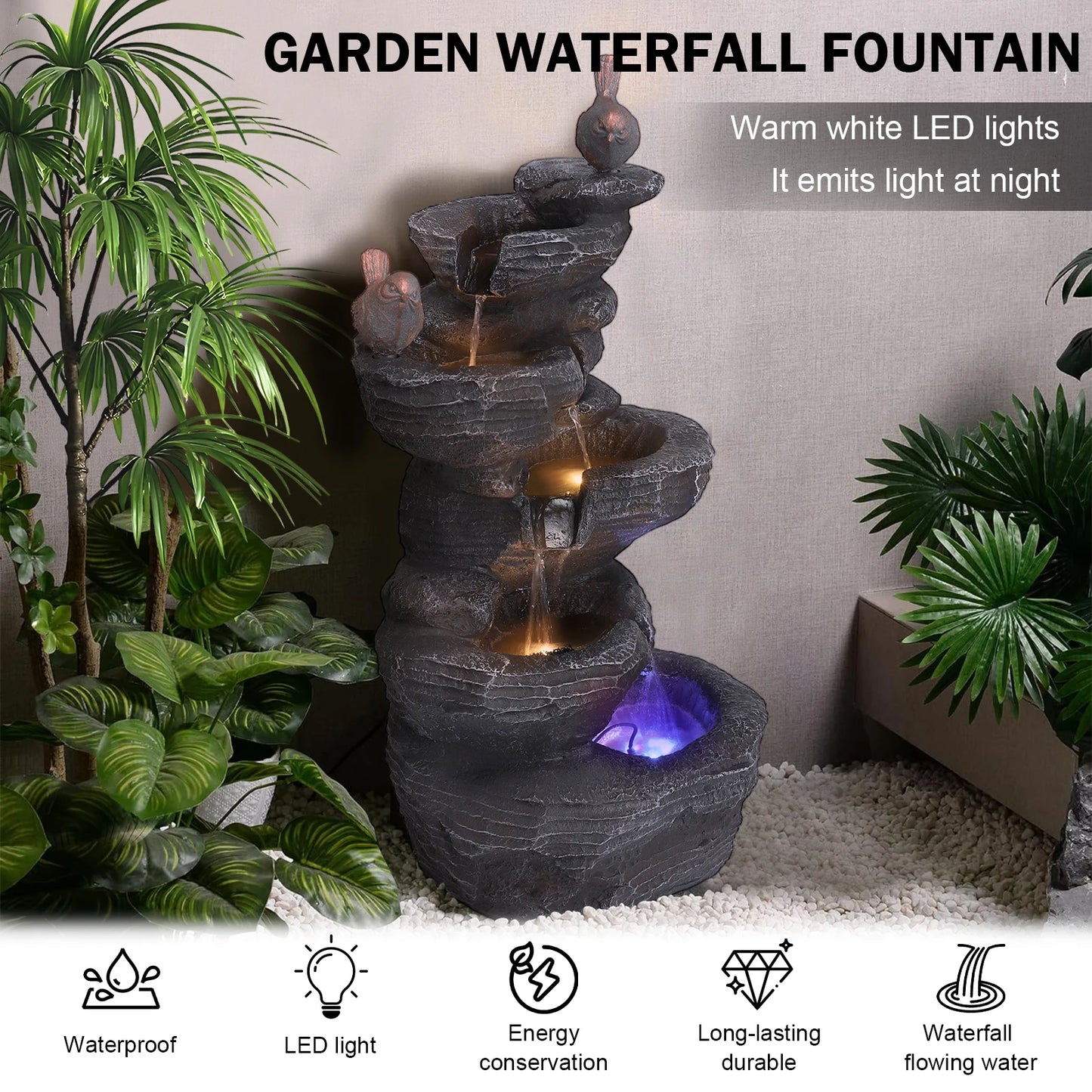 Outdoor Cascading Rock Water Fountain Five Tier Garden Decor
