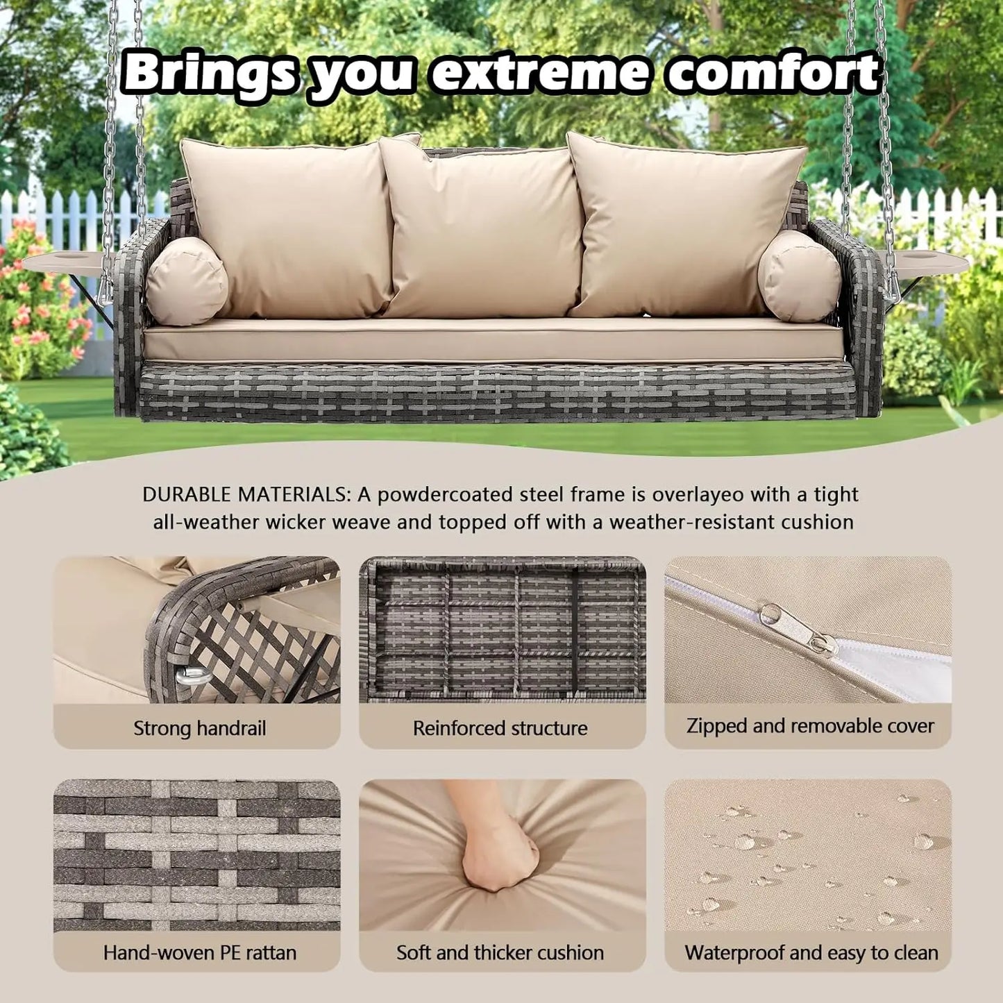 Huanzhuang 3 Seat Outdoor Wicker Porch Swing Cushions Included