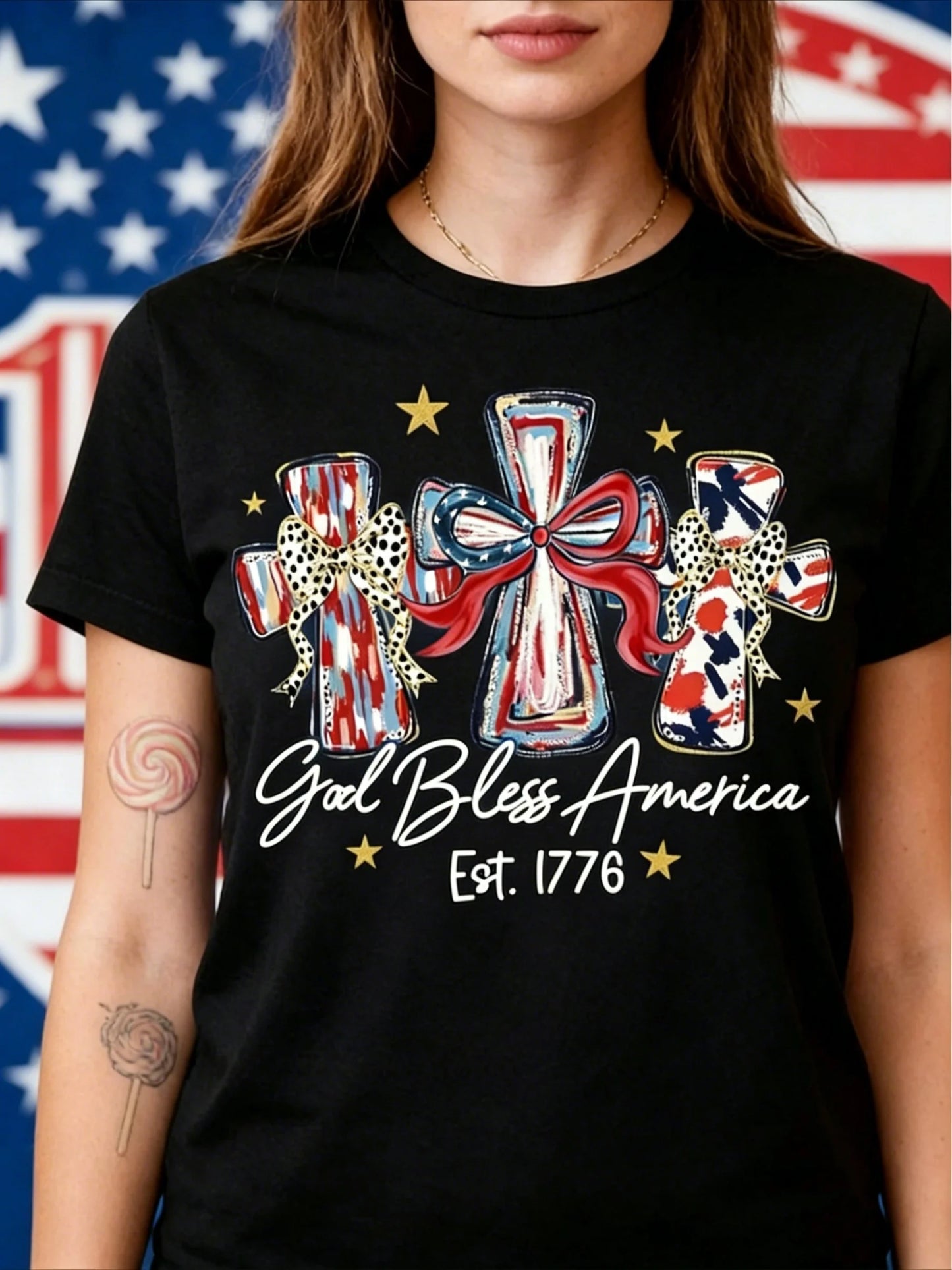 American 250th Anniversary Celebration Apparel Graphic Women's T-Shirt, God Bless America Independence Day Fashion Summer Tops