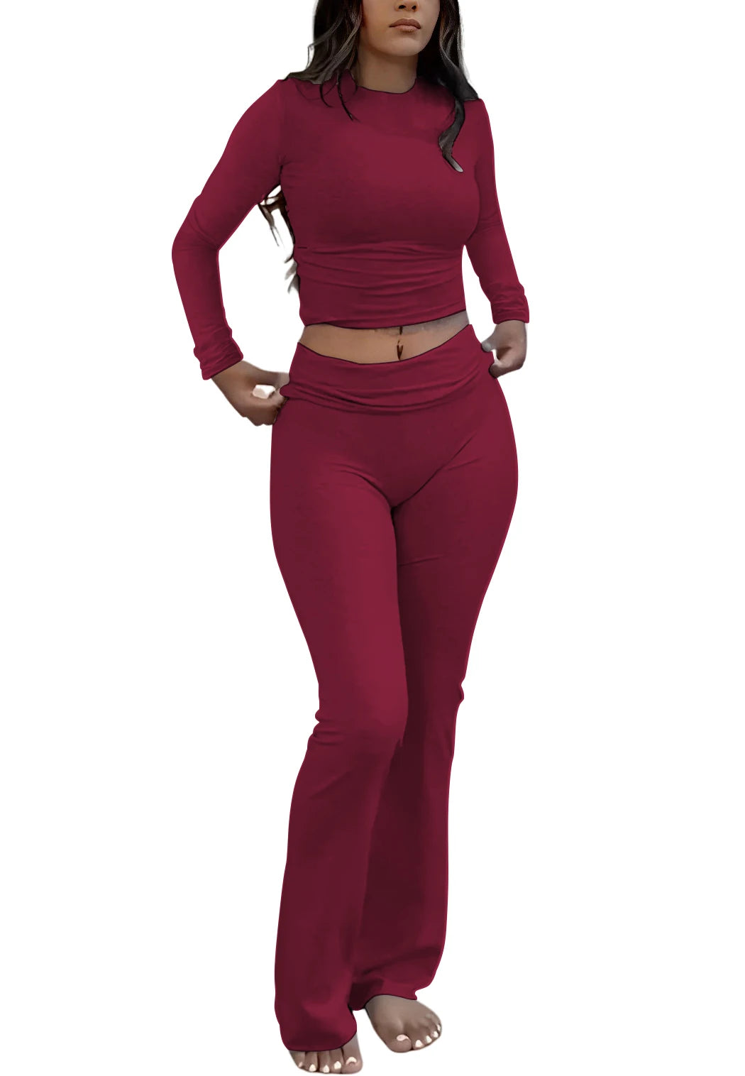 Women's Two-Piece Yoga Set With Long-Sleeve Wide-Leg Activewear