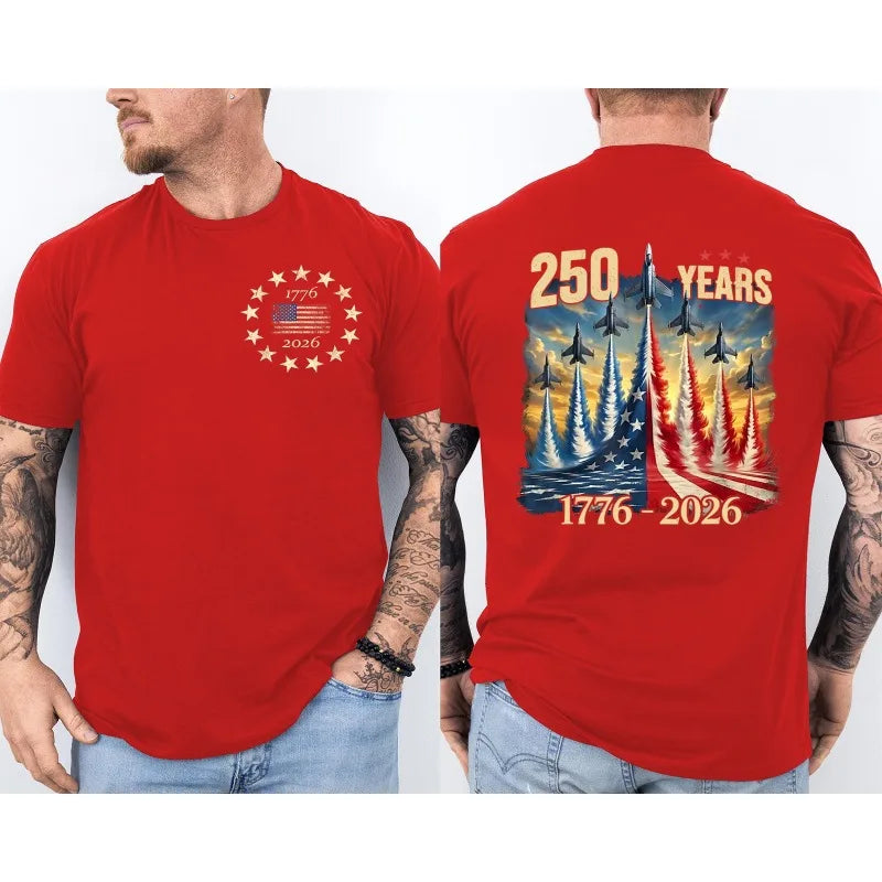 250 Years America Anniversary Clothing Fighter Jets 250th Birthday Front & Back T-Shirt 2025-2026 Shirt Men Casual Cotton Tops