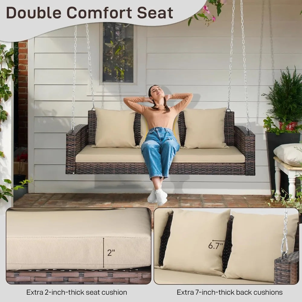 MKDK Three-Person Wicker Porch Swing With Cushions