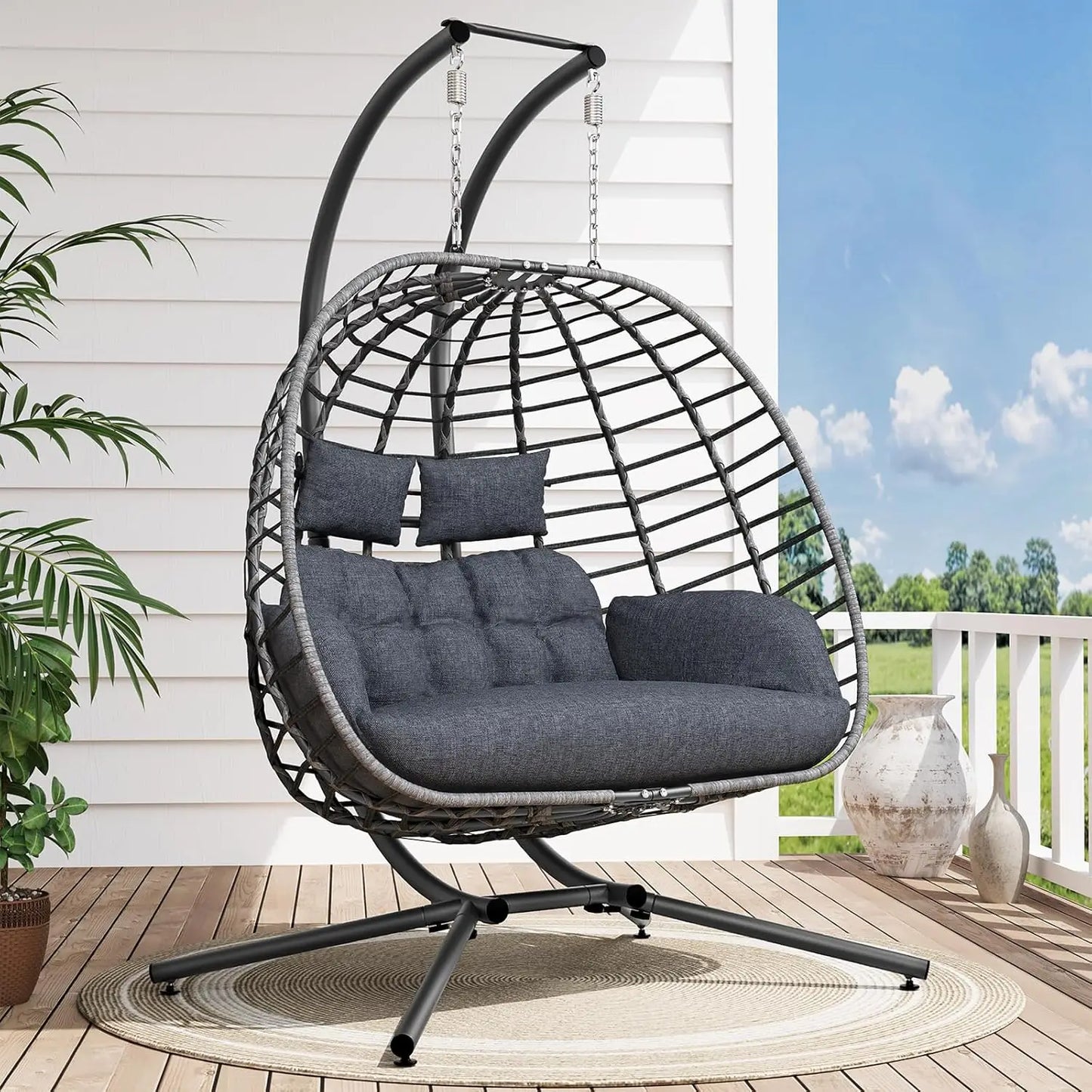 HUANZHUANG Double Egg Swing Chair With Stand Outdoor Patio