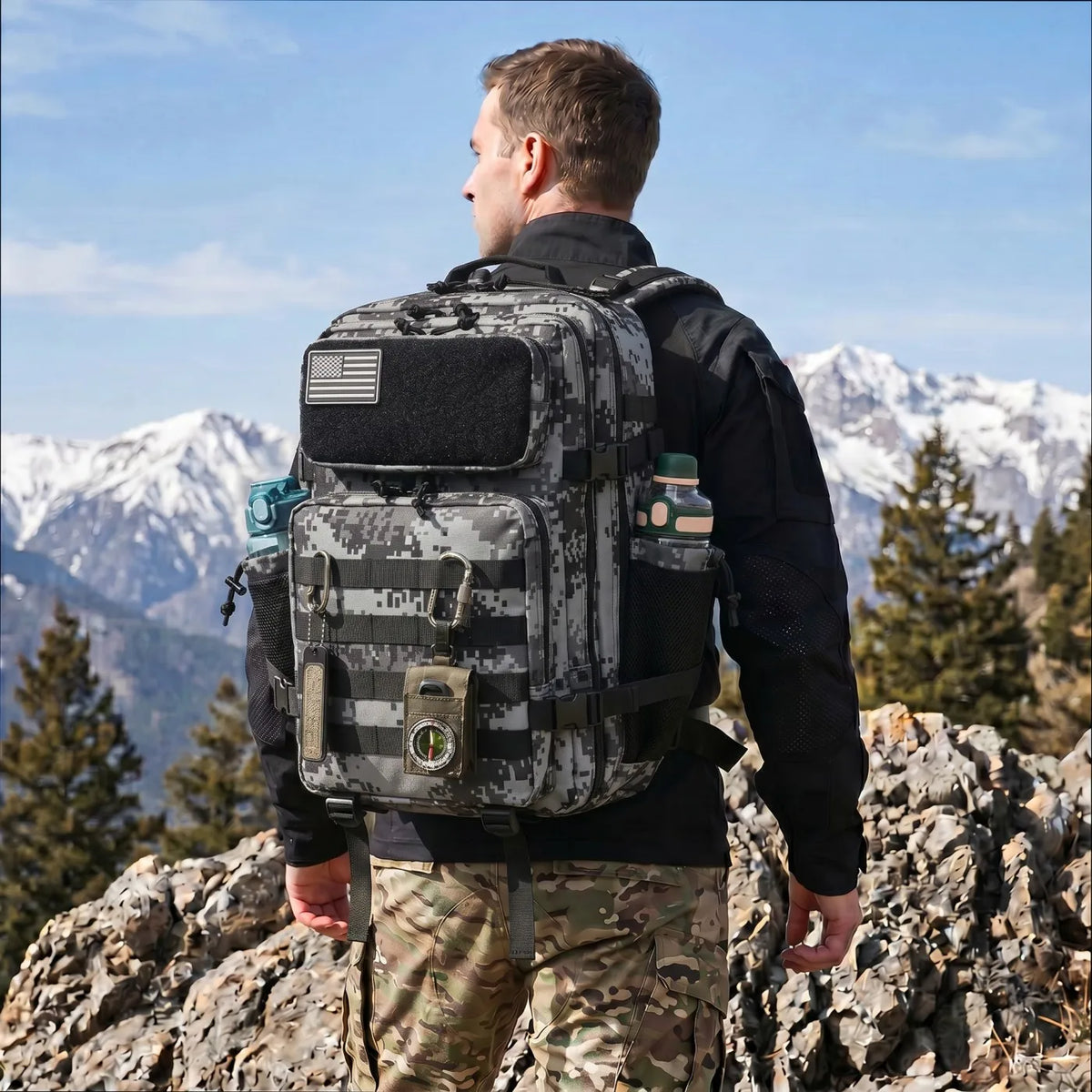 45L Large Capacity Tactical Fishing Backpack Angling Rucksack with Dual Water Bottle Cup Holders Outdoor Camping Fishing Tackle Storage Backpack for Sea Fishing Bank Fishing Hiking Trekking Travel Sports EDC Daily Carry Outdo