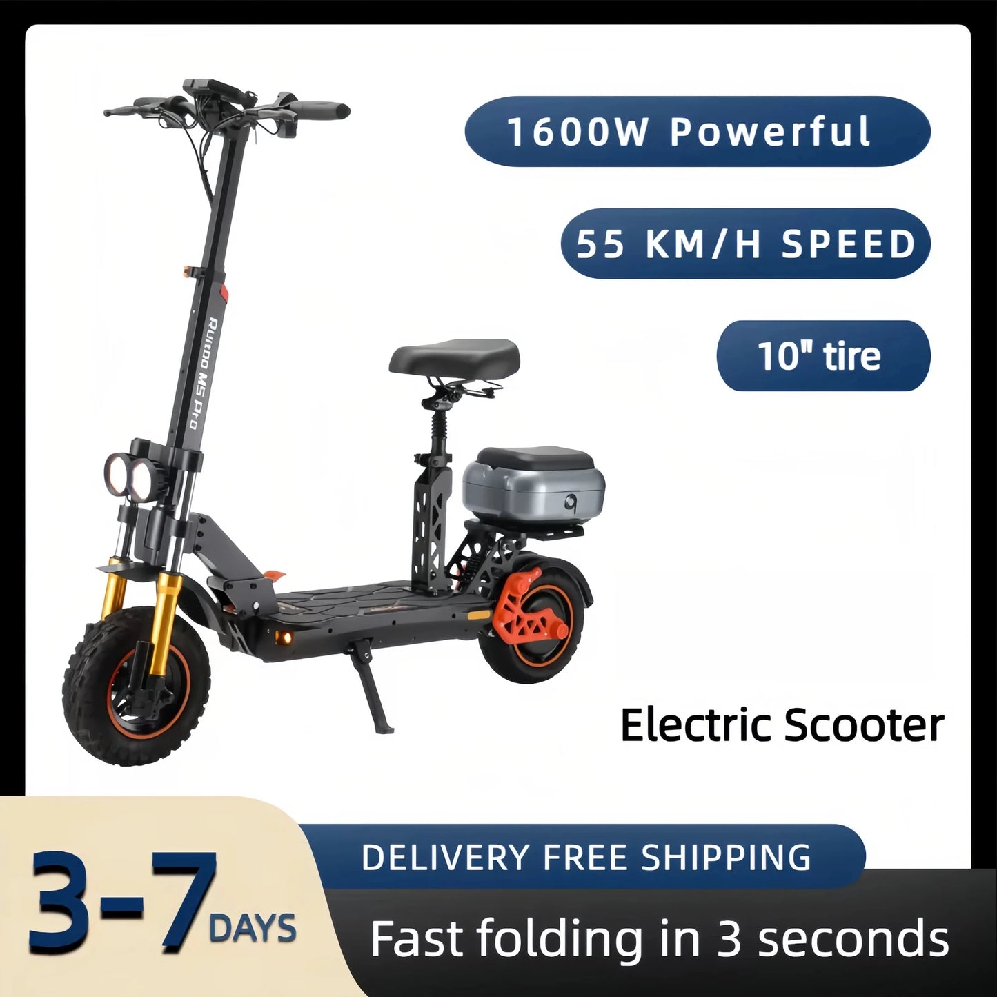 Electric Scooter w/ Seat & Storage, 1600W Motor, 48V 20.8Ah, 70-80km Range, Foldable, LED, Off-Road Tires