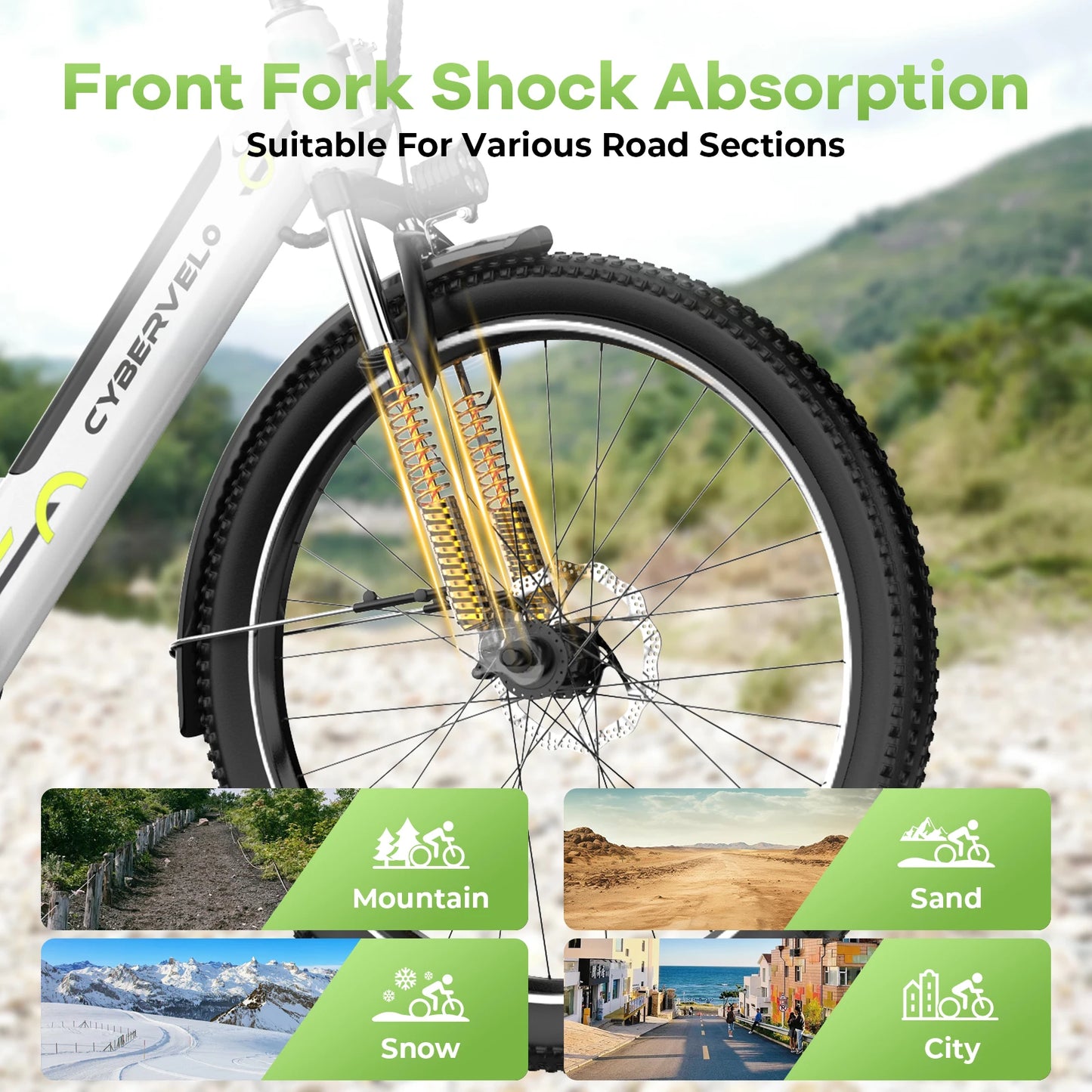 Cybervelo 1000W Peak Electric Bike for Adults 26" 7-Speed Removable Battery Ebike Up to 80 Miles Range Commuter Electric Bicycle for Beach Snow Men Women EK2