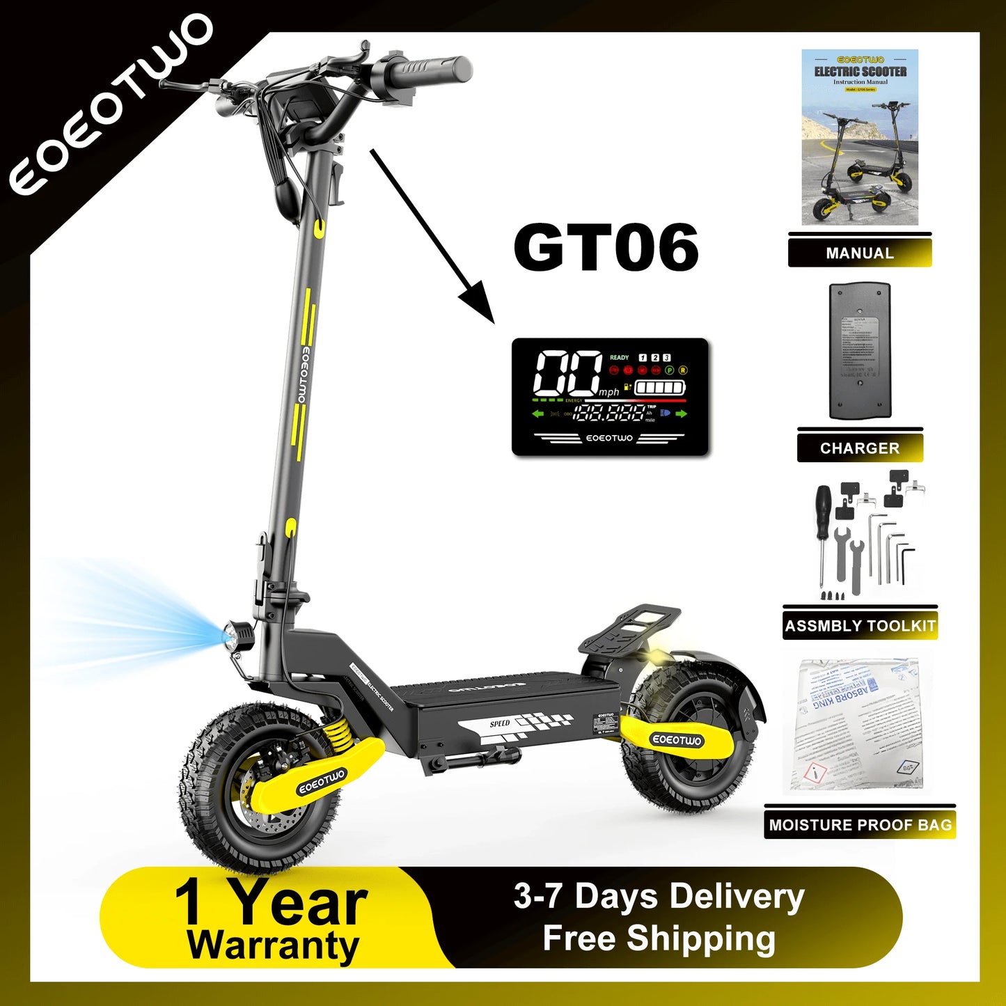EOEOTWO 1200W Off Road Electric Scooter for Adults 48V Long Range E-Scooter 30MPH Fast Speed 11" Tubeless Tire Foldable Kick Scooter