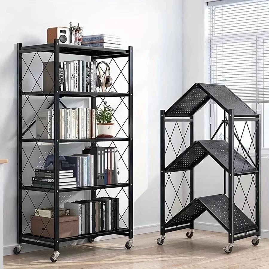 3/4/5-layer Heavy-duty Foldable Metal Storage Rack With Wheels For Movable Organization, Suitable For Garage Kitchens With A Loa