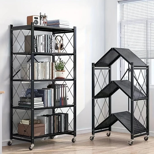 3/4/5-layer Heavy-duty Foldable Metal Storage Rack With Wheels For Movable Organization, Suitable For Garage Kitchens With A Loa