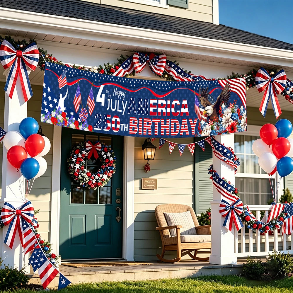 4th of July America 250th Birthday Banner American Flag Eagle Floral Print Polyester Backdrop for Independence Day Party Decor