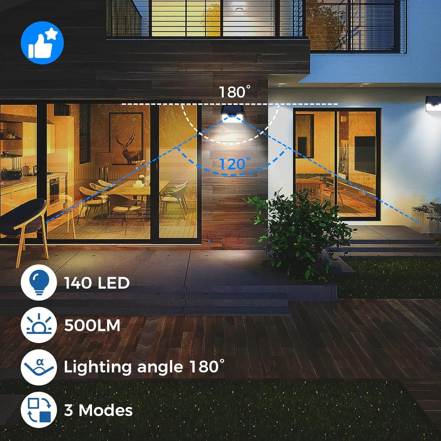 Solar Motion Sensor Lights Outdoor IP65 Waterproof Three Modes LEDs