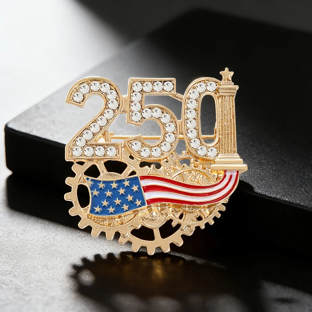US 250th Anniversary Commemorative Brooch for Men Women,American Patriotic Independence Day Rhinestone-Encrusted Zinc Alloy Pin.