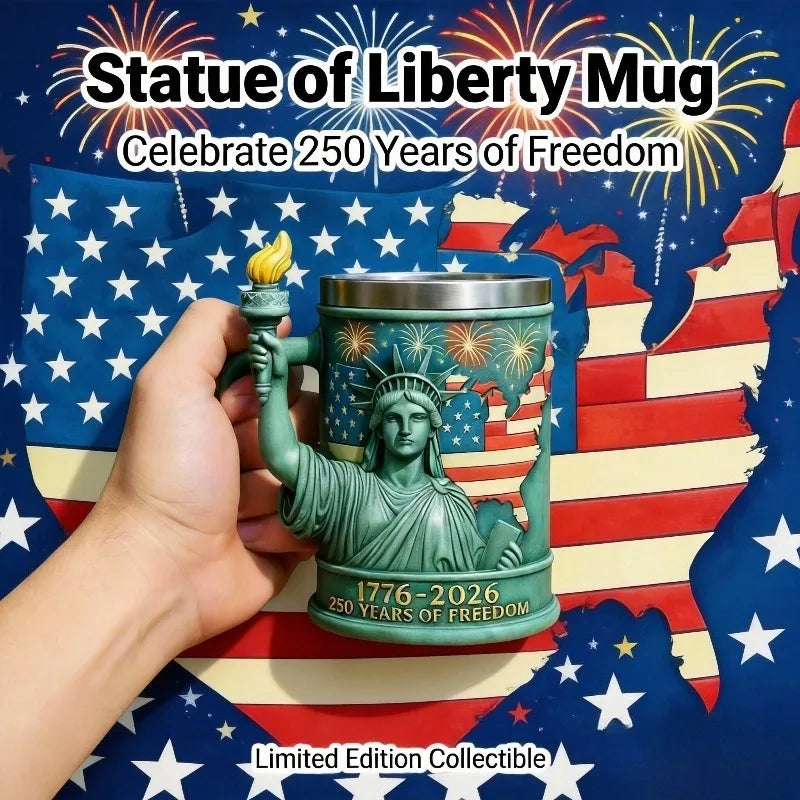 Statue of Liberty 250th Anniversary Resin Coffee Mug with Stainless Steel Liner, 3D Embossed Patriotic Beer Mug, Gift
