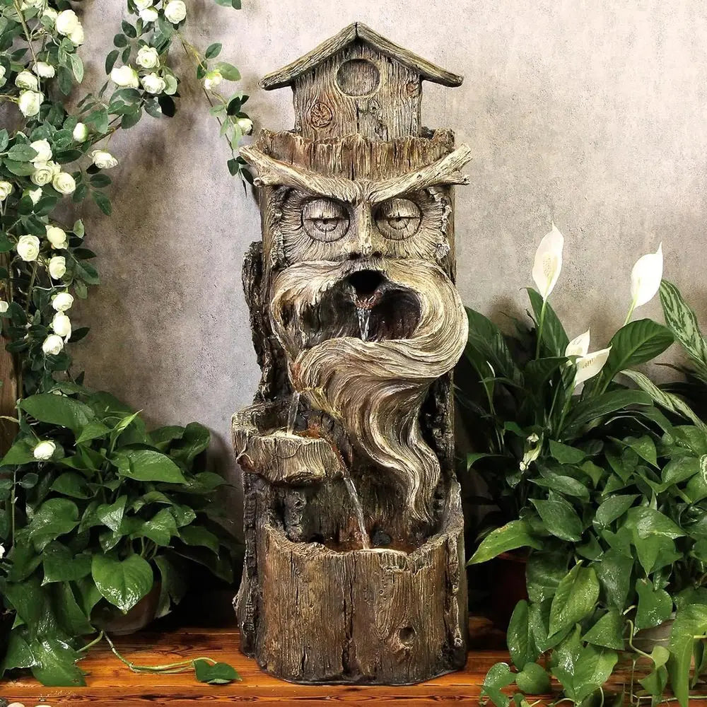 Outdoor Cascading Waterfall Tree Trunk Fountain With LED Lights 3 Tiers