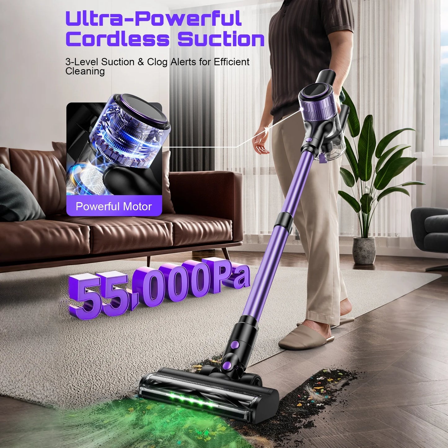 SUXIANGVACC Cordless Vacuum Cleaner 55KPa 500W 45min Run Time