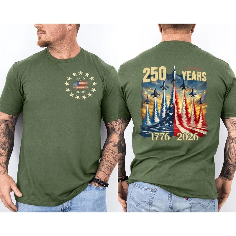 250 Years America Anniversary Clothing Fighter Jets 250th Birthday Front & Back T-Shirt 2025-2026 Shirt Men Casual Cotton Tops