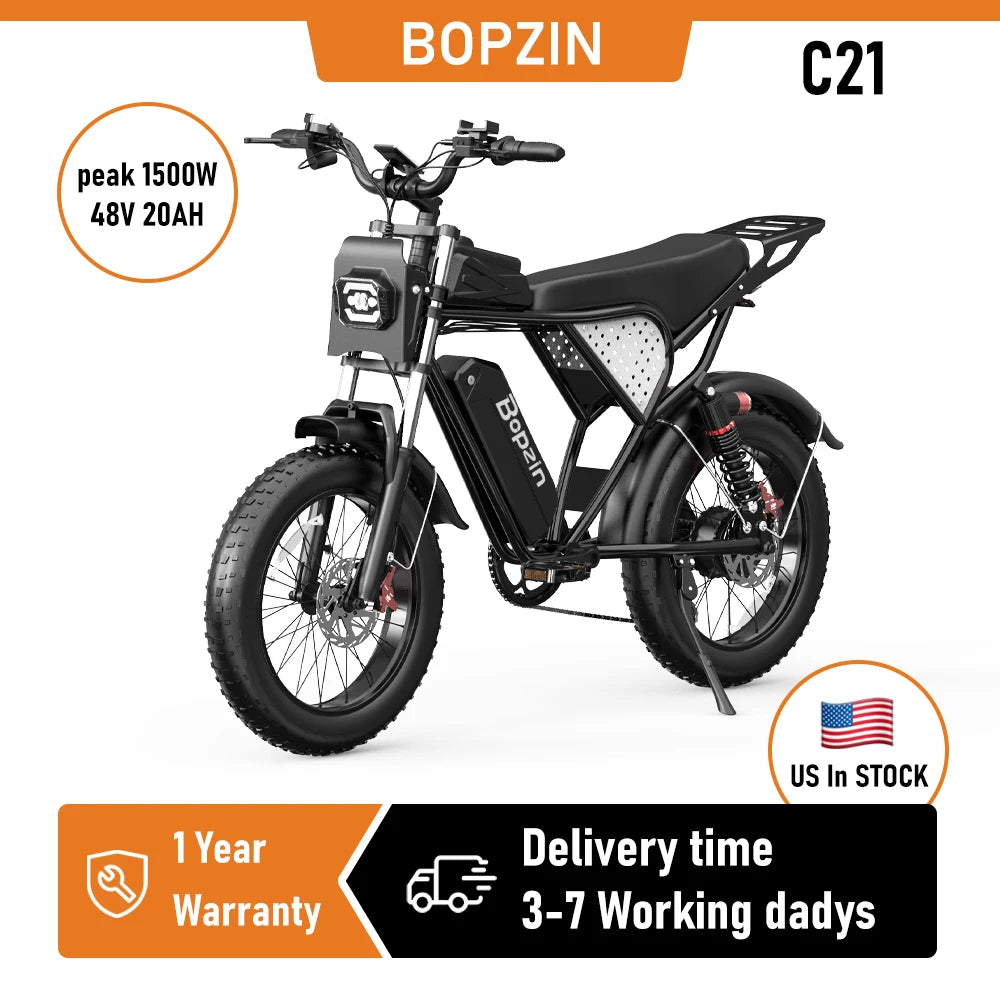 Bopzin C21 1500W 48V 20Ah Electric Bike for Adults 35 MPH 20" Fat Tire Ebike Dirt Motorcycle Full Suspension Off-Road E-Bike